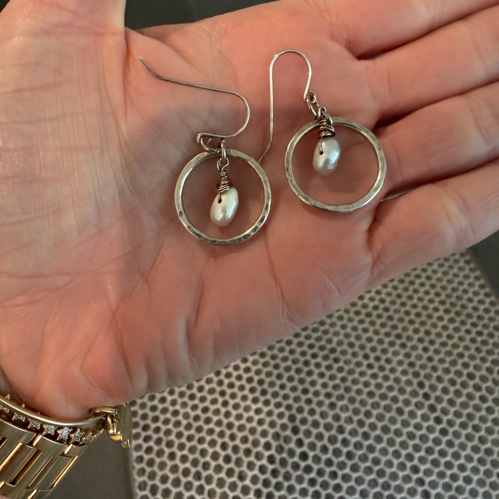Sterling Silver Hoop Earrings with White Pearl Drops